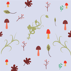 autumn mushroom pattern, leaf, vine. textile design