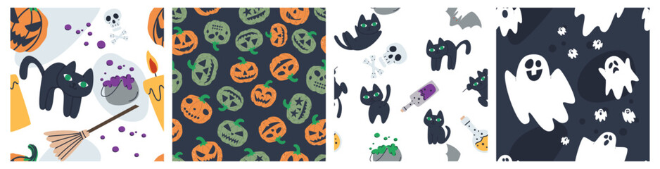 Halloween pattern seamless set. A set of halloween concepts for decorating fabric, packaging, paper. Flat style vector illustration, eps10