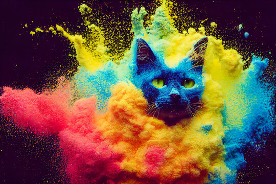 Black cat in a multicolor powder explosion, freeze frame in 3d art