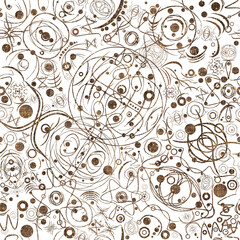 Abstract seamless pattern on transparent background. Paper texture, brown watercolor stains and splashes and threads of golden glitter on pattern. (pattern: sp06a)