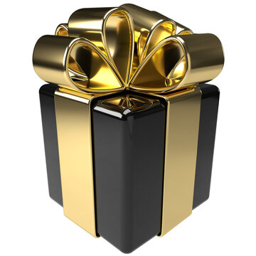 3d Gift Box Icon. Christmas Holiday Black Gold Gift Wrap.