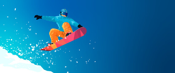 Snowboarder descends from the mountain. Action scene. Winter sports. High jump. Bright multi-colored snowboard. Colored equipment. dynamic vector banner