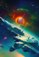 Obraz premium Colorful sci-fi spaceships in a futuristic world