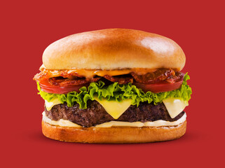 fresh tasty burger isolated on red background