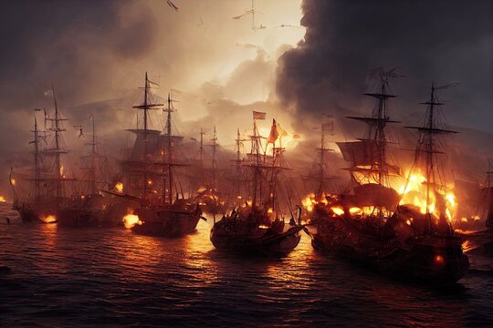 An ocean battle featuring sailing pirate ships and galleons in the 16th century. Pirates are battling against cannons by shooting fire in pirate boats. 3D illustration and fantasy digital painting.
