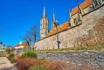 Bell towers of St Bartholomew Church from Zahrady na Parkane Garden, Kolin, Czech Republic