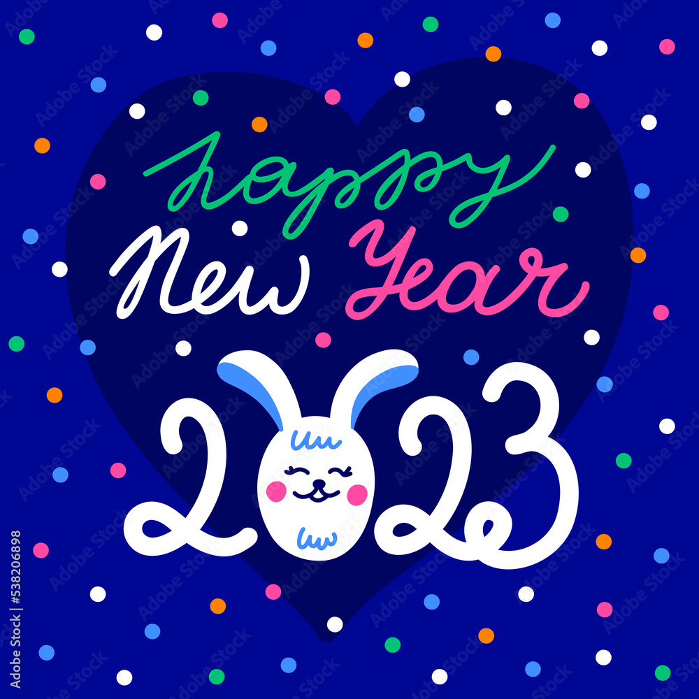 Fototapete A New Year's poster, a card with lettering 2023 new year and a rabbit with ears and a rabbit face on a background of confetti
