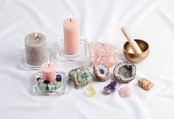 Healing reiki chakra crystals therapy. Alternative rituals with gemstones for wellbeing,...