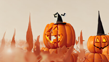 halloween background pumpkins and bats digital illustration