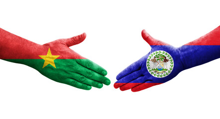 Handshake between Belize and Burkina Faso flags painted on hands, isolated transparent image.