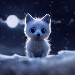 Cucciolo di lupo bianco su un pendio nevoso, con la luna e i fiocchi di neve
