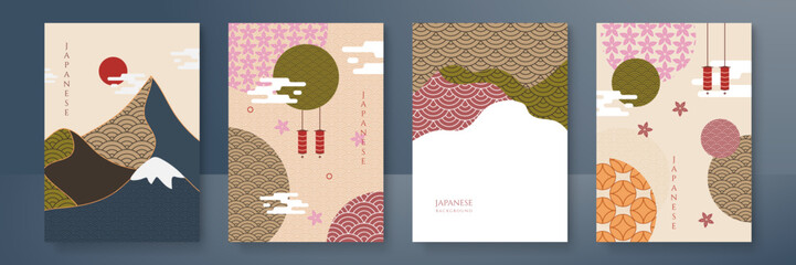 Japanese background with line wave pattern vector. Abstract template with geometric pattern. Mountain layout design in oriental style. Vector graphic design banner pattern background web template.