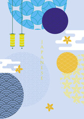 Abstract landscape background with Japanese wave pattern vector. Mountain forest texture banner with line art in vintage style.