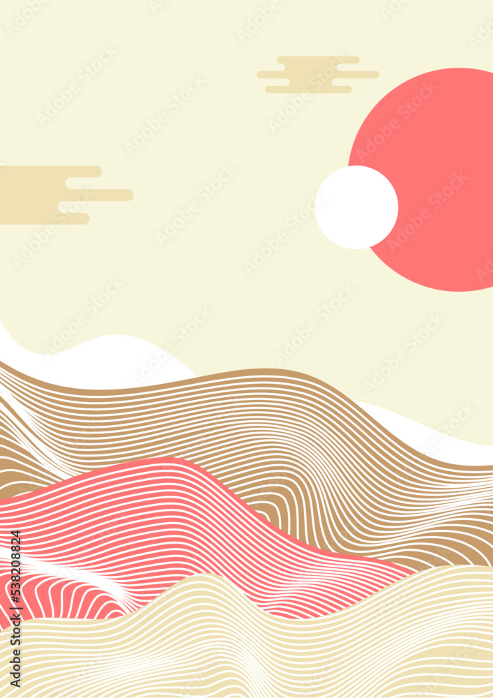 Poster japanese poster background with line wave pattern vector and sun. abstract template with geometric p