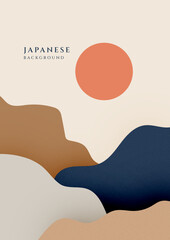 Japanese poster background with line wave pattern vector and sun. Abstract template with geometric pattern. Mountain layout design in oriental style.