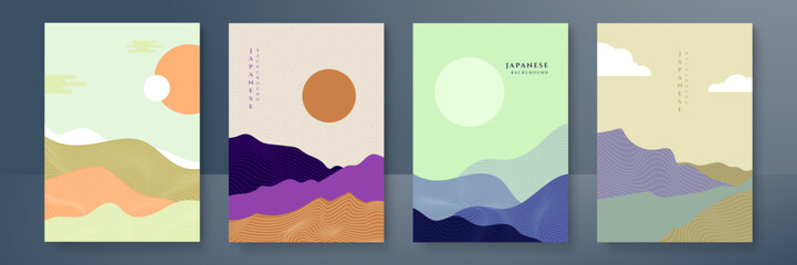 Japanese background with line texture, mountain, sun and circle shape vector. Moon and sun with abstract line pattern. Template design with geometric pattern with black texture.