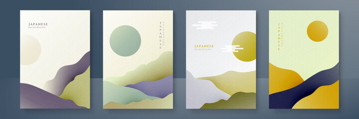 Japanese background with line texture, mountain, sun and circle shape vector. Moon and sun with abstract line pattern. Template design with geometric pattern with black texture.