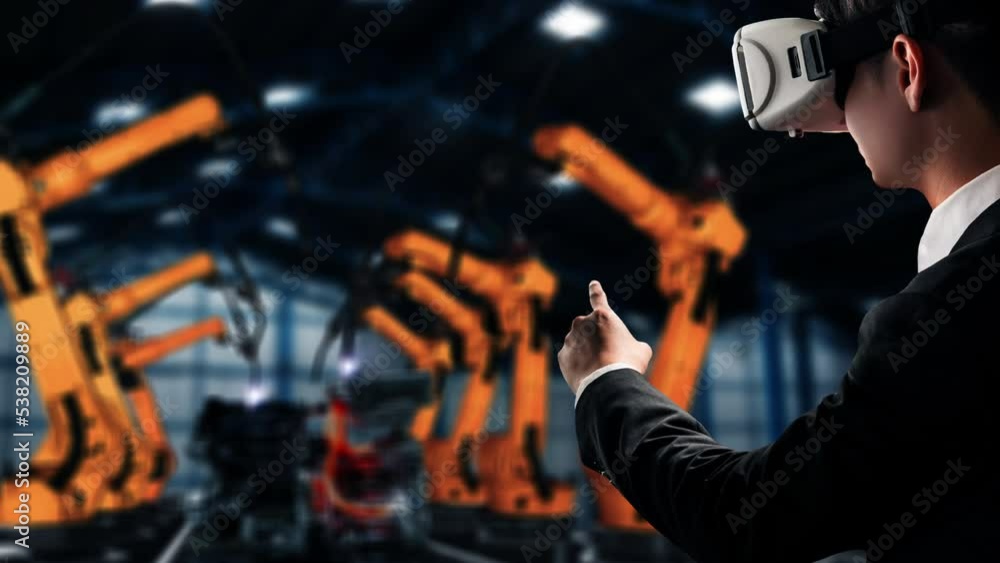 Poster engineer use cybernated robotic software to control industry robot arm in factory . automation manuf
