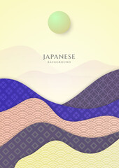 minimalist Japanese curve lines shape poster flyer. abstract Japanese landscape on light background with gradient, mountain, cloud, and sun