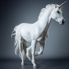 Naklejka na ściany i meble A digital render of a white unicorn in motion. Dark background