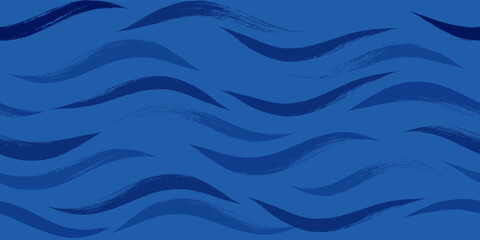 Seamless Wave Pattern, Blue wavy brush stroke. Hand drawn water sea vector background. curly paint lines, watercolor illustration