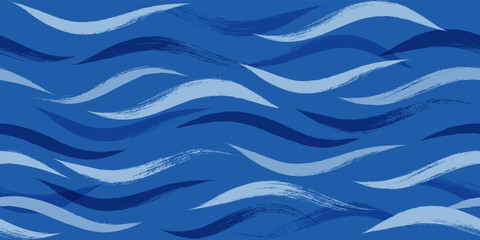 Fototapeta na wymiar Seamless Wave Pattern, Blue wavy brush stroke. Hand drawn water sea vector background. curly paint lines, watercolor illustration