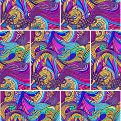 seamless bold punchy vector pattern, abstract design, highly saturated texture, retro style flow coloring book lines effect