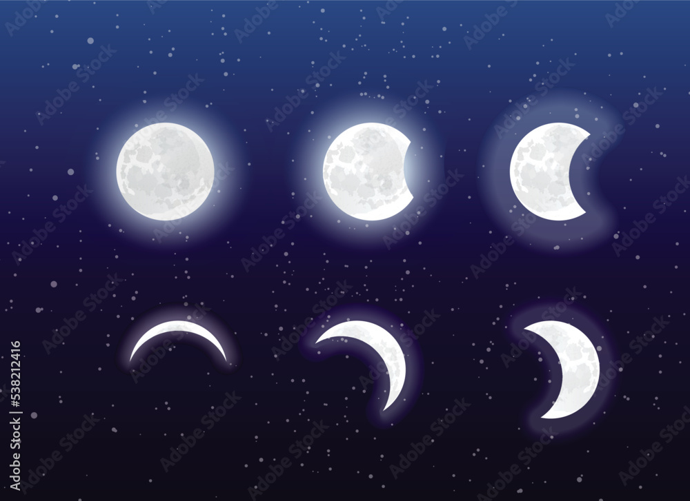 Wall mural Realistic moon vector at different stages in the night sky.