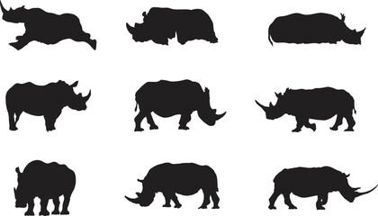 A vector silhouette collection of Rhinos for artwork compositions.