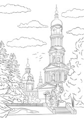 illustration of church, coloring page