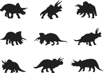A vector collection of Triceratops  dinosaur silhouettes for artwork compositions.