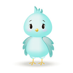 Vector tiny blue bird. Cute parrot, 3d cartoon character.  Kawaii bird. Suitable for baby products, children's books, goods.