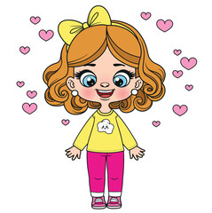 Cute cartoon curly haired girl color variation for coloring page on white background
