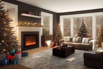 Wohnzimmer im Winter mit Kamin, Christbaum, Geschenken und Dekoration an Weihnachten, Illustration