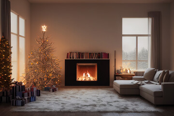 Wohnzimmer im Winter mit Kamin, Christbaum, Geschenken und Dekoration an Weihnachten, Illustration