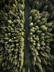 Wide angle aerial photo by drone (top view) of amazing green pine forest with curved road (way). Colorful and saturated image of path in nature from above.