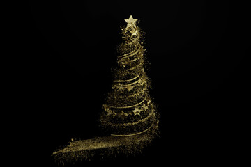 Abstract golden christmas tree isolated on black background. Greeting card design. 3D render illustration.