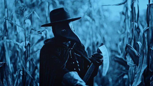 Plague doctor gothic woman grinds scythe on whetstone at night in thickets of corn field. Creepy raven mask, halloween, historical terrible protection costume, death concept