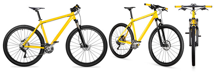 set collection of yellow black 29er mountainbike with thick offroad tyres. bicycle mtb cross...