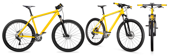 set collection of yellow black 29er mountainbike with thick offroad tyres. bicycle mtb cross country aluminum, cycling sport transport concept isolated white background