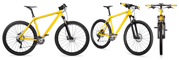Fotobehang set collection of yellow black 29er mountainbike with thick offroad tyres. bicycle mtb cross country aluminum, cycling sport transport concept isolated white background © stockphoto-graf