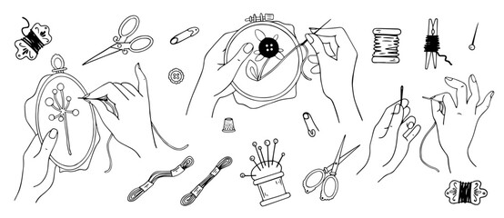 A set of sketches of accessories for needlework, embroidery, female hands embroider.Vector graphics.