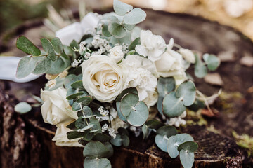 bridal wedding bouquet white rose eucalyptus flowers  - 538215487