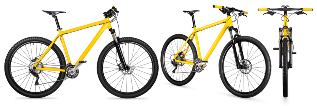 set collection of yellow black 29er mountainbike with thick offroad tyres. bicycle mtb cross country aluminum, cycling sport transport concept isolated white background