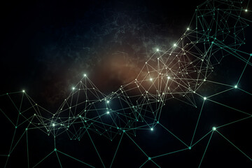 Plexus lines, dots and light beams with light points. Abstract technology, science and engineering background. Depth of field settings. 3D rendering