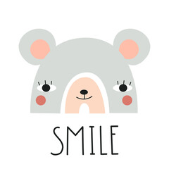Cute rainbow with mouse face and lettering SMILE. Nursery art. Vector illustration