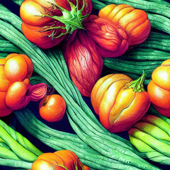 Fancy imaginative fantasy vegetables seamless repeat pattern tile. Digital paper detailed watercolor style. Motif botanical background