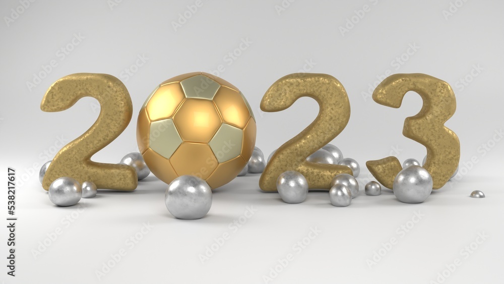 Poster 3d rendering of the golden date of the new year 2023. golden soccer ball instead of zero and silver 