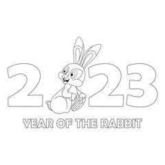 Colorless cartoon rabbit sitting among numbers 2023. Black and white template page for coloring book with Bunny as symbol of 2023 Chinese New Year. Worksheet or Antistress coloring page for kids.