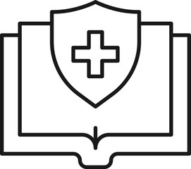 Book, reading, novel, education. Simple isolated pictogram for web sites, stores, articles, adverts. Editable stroke. Vector line icon of medical cross inside of shield over opened book